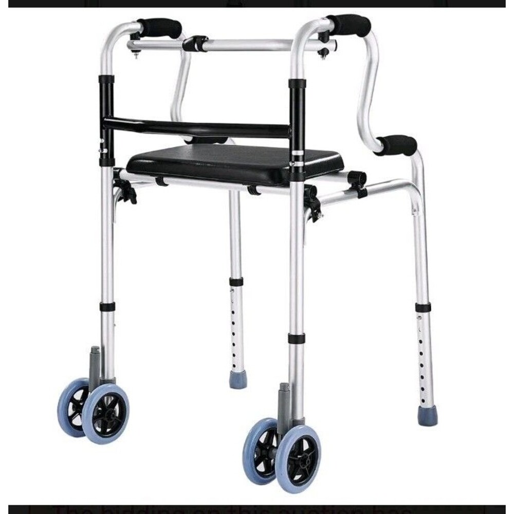 3 in 1 Folding Walkers w Wheels & Seat 390LB,Auto Brake Double Front 5" Wheel